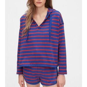 GAP Blue Red Striped Cotton V Neck Hoodie XXS Oversized Nautical NWOT